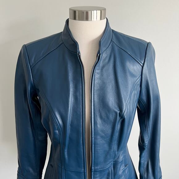 Denim and Company d & co. Blue Leather Jacket Mock Neck Two Way Zip XXSP - Picture 2 of 15